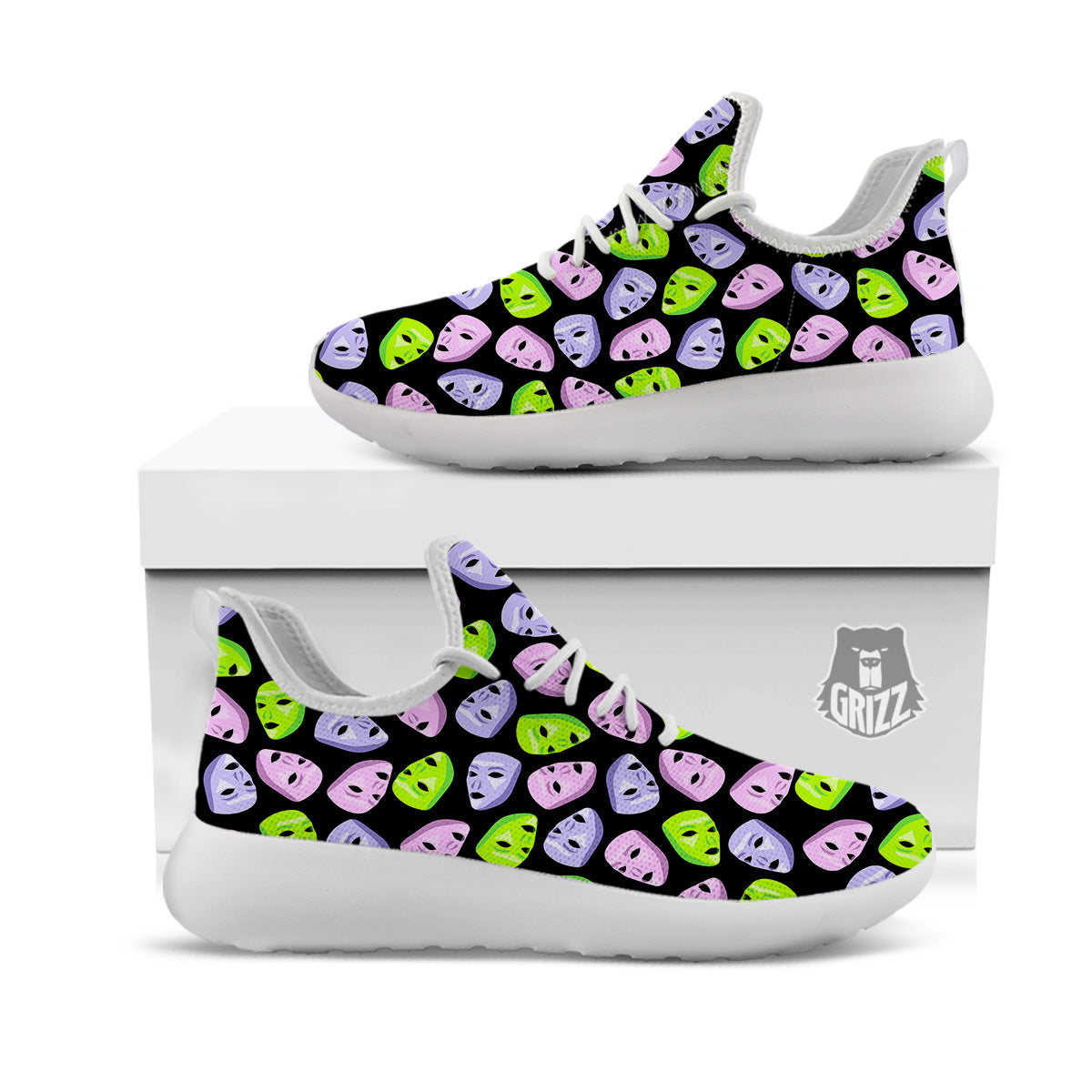 Pink Green And Purple Theater Masks Print Pattern White Athletic Shoes-grizzshop
