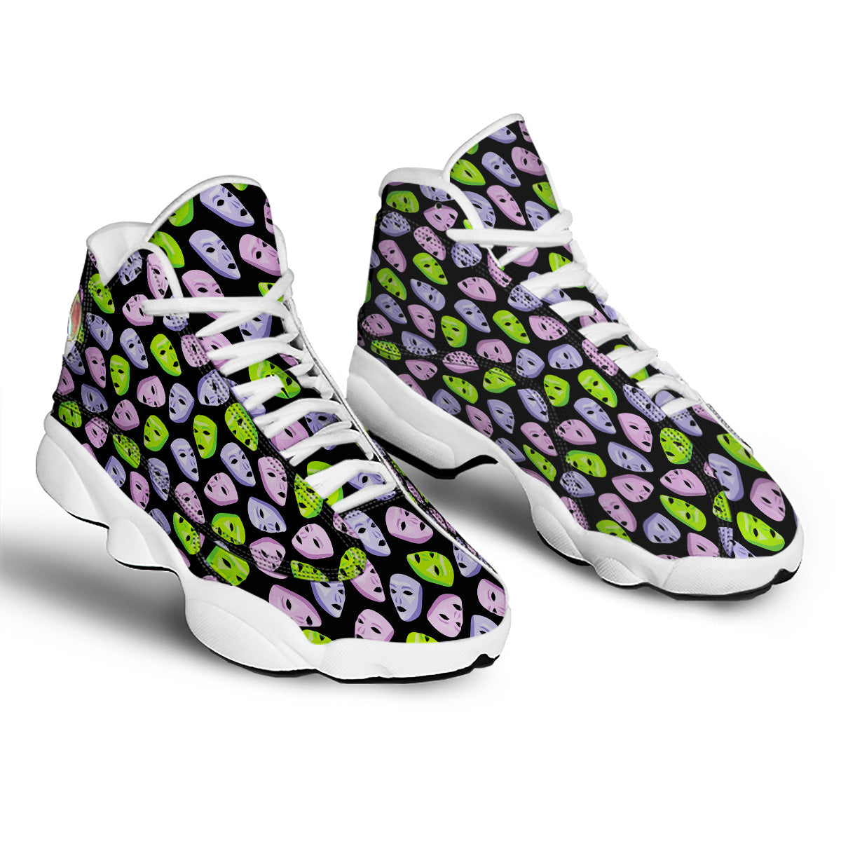 Pink Green And Purple Theater Masks Print Pattern White Basketball Shoes-grizzshop