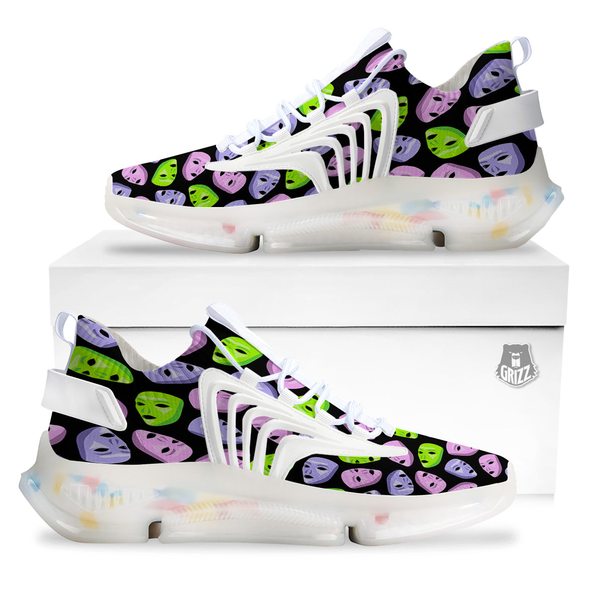 Pink Green And Purple Theater Masks Print Pattern White Gym Shoes-grizzshop