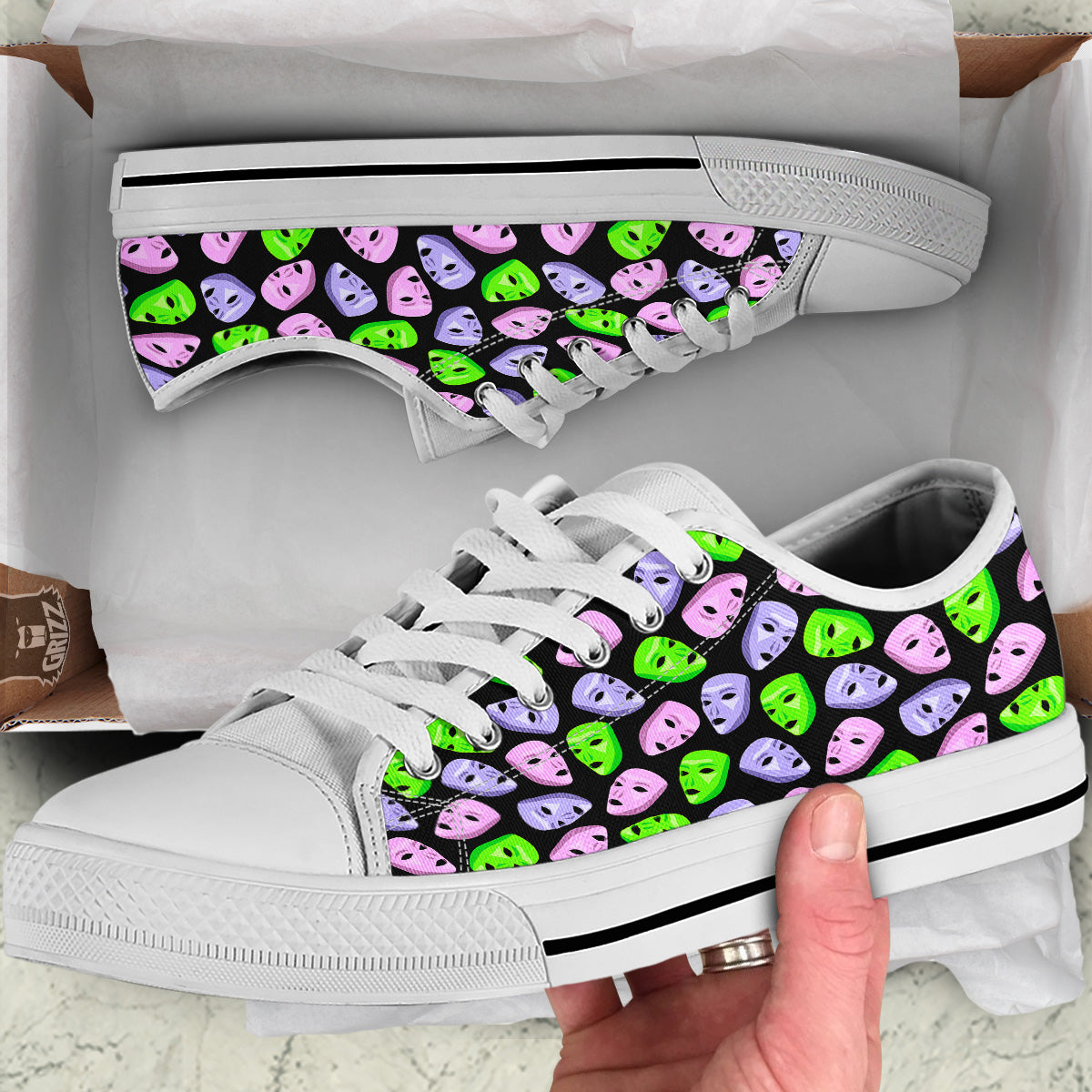 Pink Green And Purple Theater Masks Print Pattern White Low Top Shoes-grizzshop