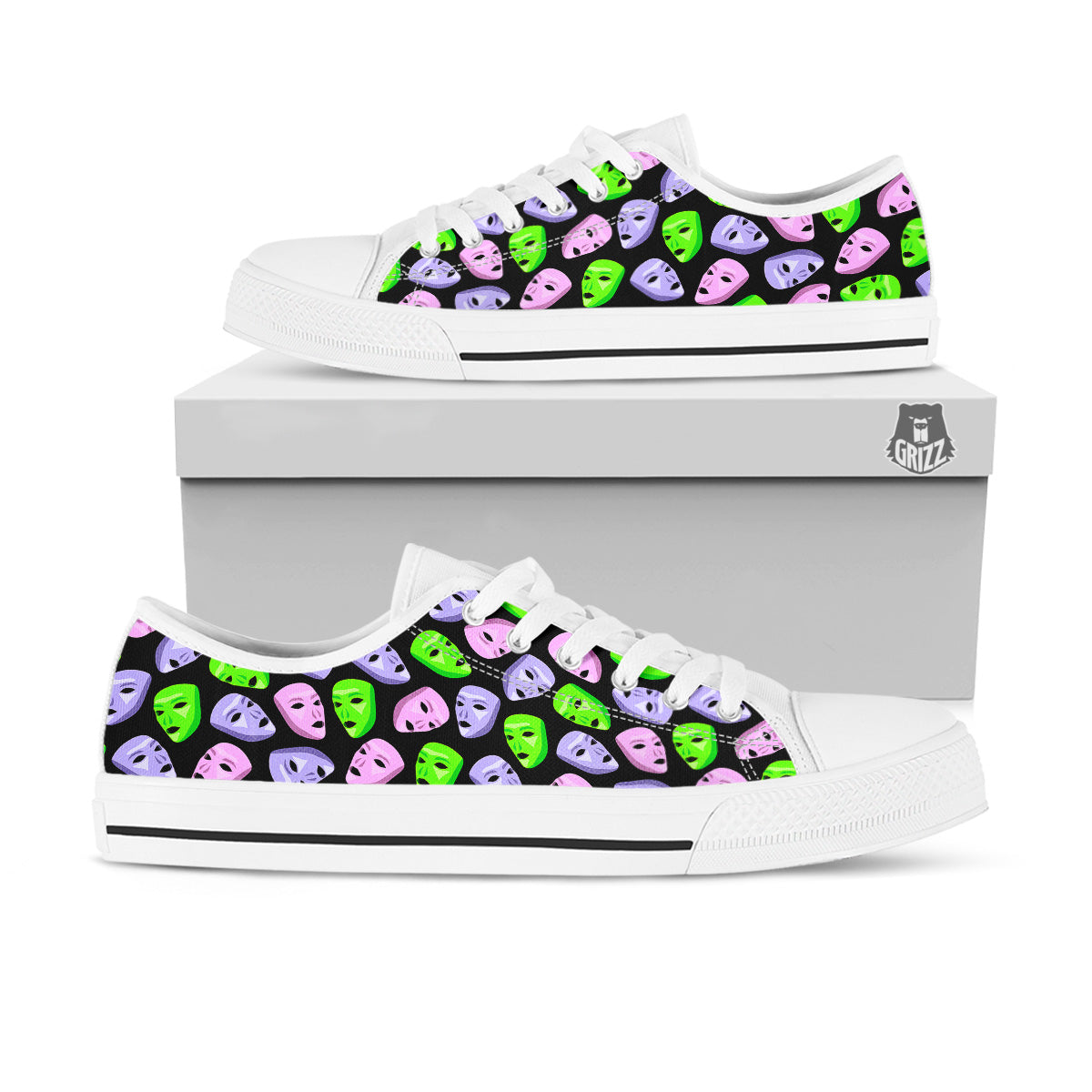 Pink Green And Purple Theater Masks Print Pattern White Low Top Shoes-grizzshop