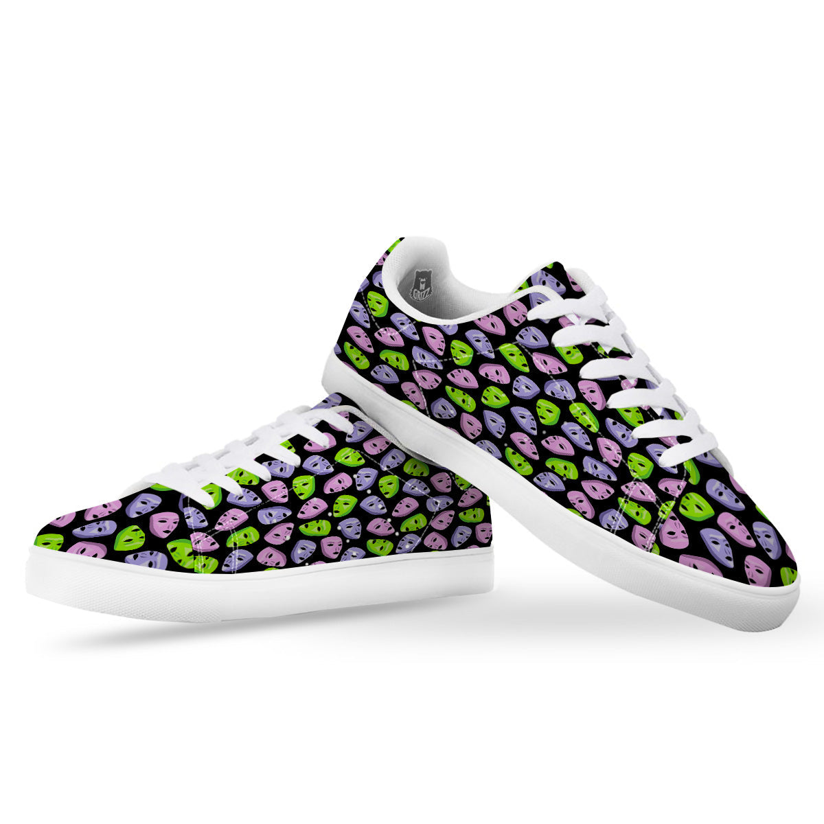 Pink Green And Purple Theater Masks Print Pattern White Low Top Sneakers-grizzshop