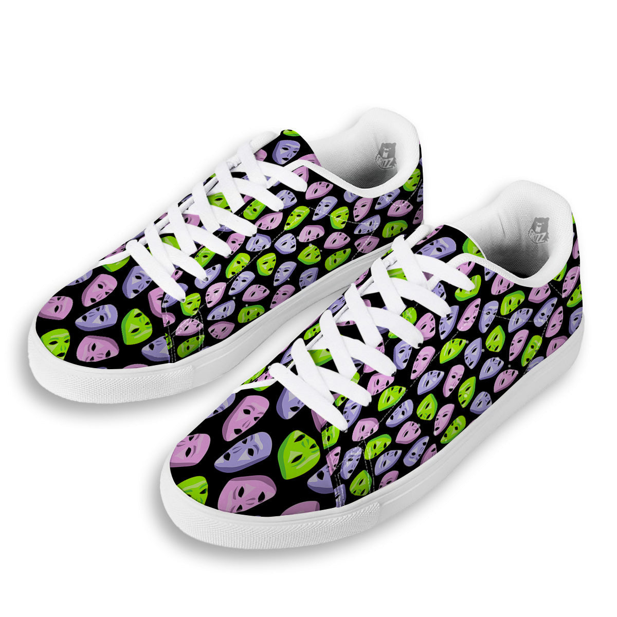 Pink Green And Purple Theater Masks Print Pattern White Low Top Sneakers-grizzshop