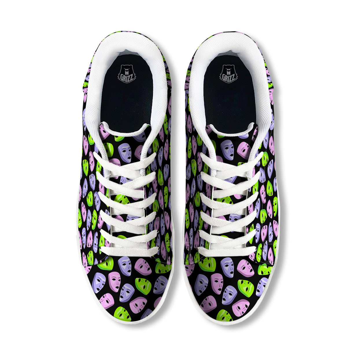 Pink Green And Purple Theater Masks Print Pattern White Low Top Sneakers-grizzshop