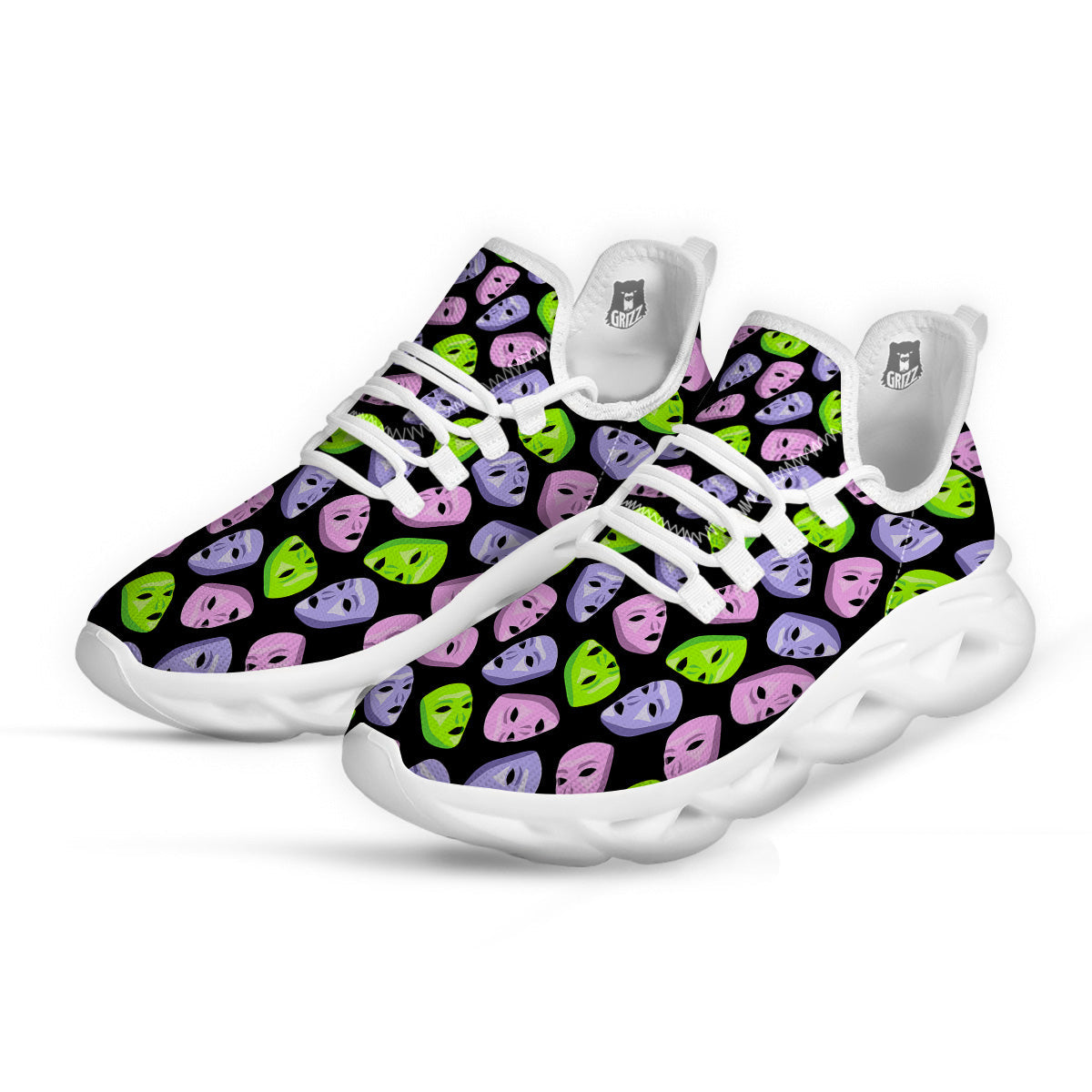 Pink Green And Purple Theater Masks Print Pattern White Running Shoes-grizzshop