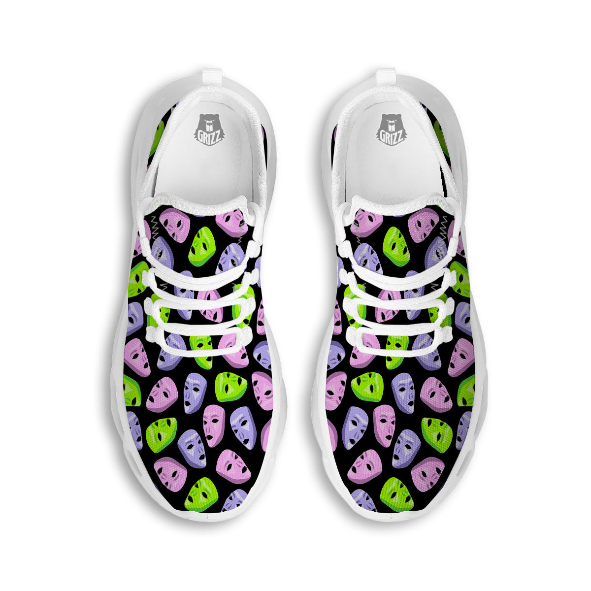 Pink Green And Purple Theater Masks Print Pattern White Running Shoes-grizzshop