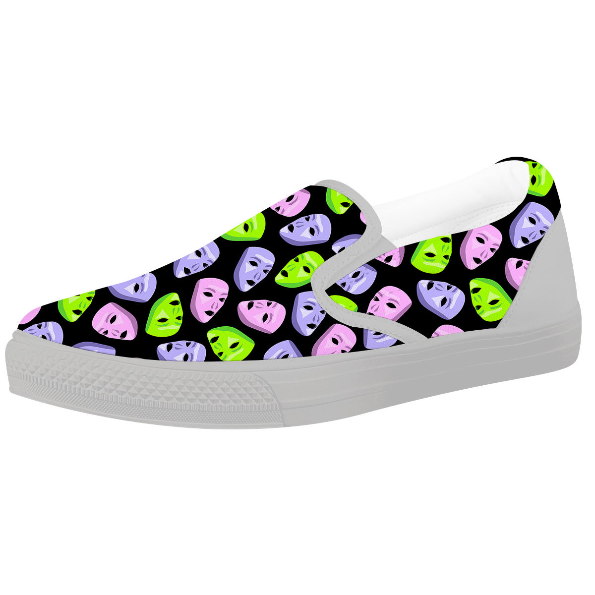 Pink Green And Purple Theater Masks Print Pattern White Slip On Shoes-grizzshop