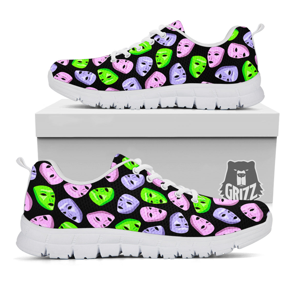 Pink Green And Purple Theater Masks Print Pattern White Sneaker-grizzshop