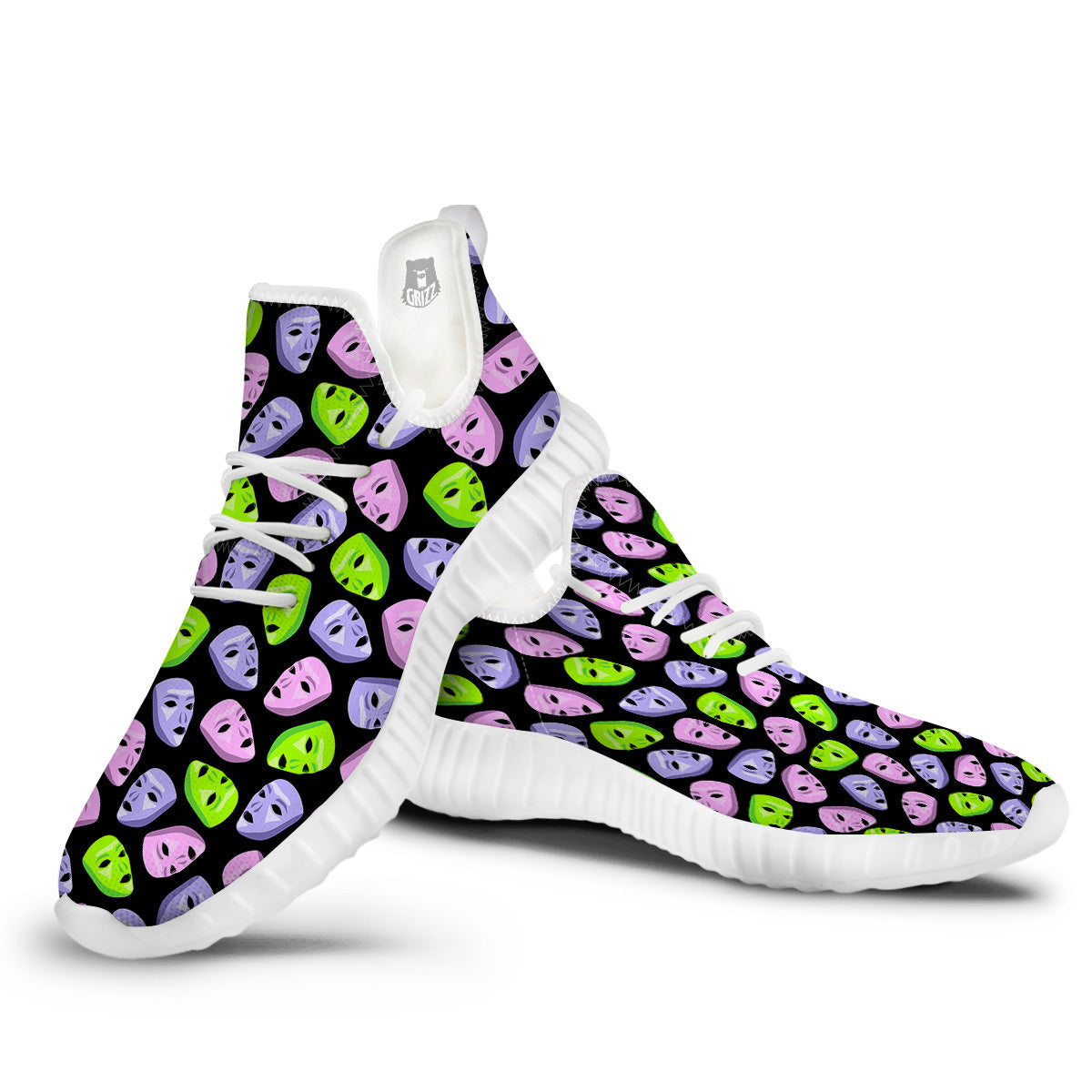 Pink Green And Purple Theater Masks Print Pattern White Walking Shoes-grizzshop