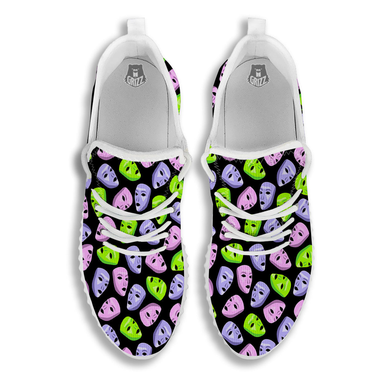 Pink Green And Purple Theater Masks Print Pattern White Walking Shoes-grizzshop