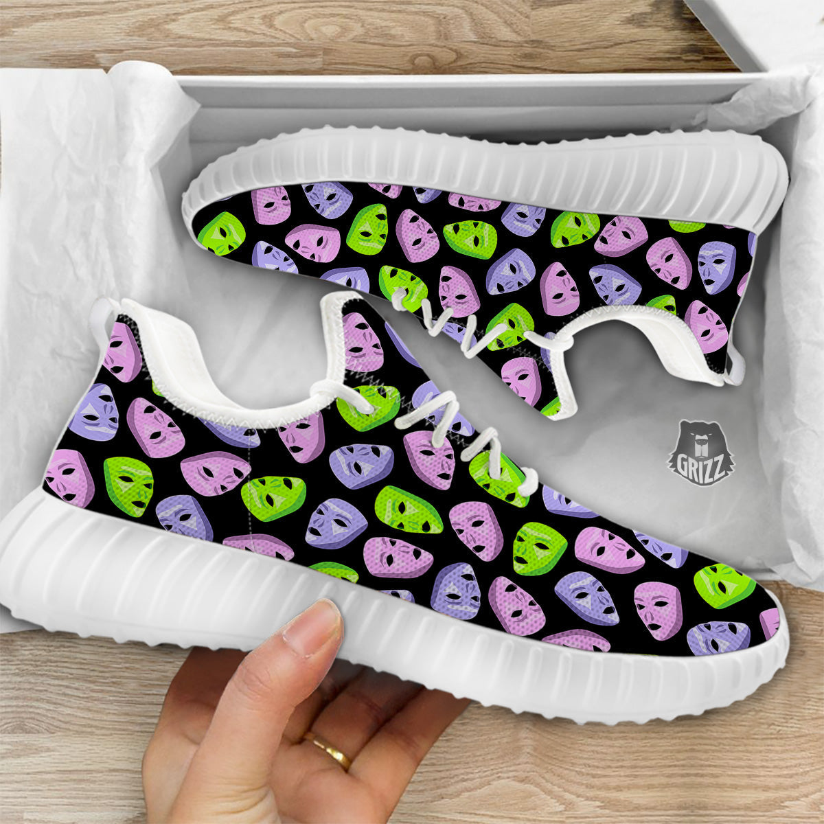 Pink Green And Purple Theater Masks Print Pattern White Walking Shoes-grizzshop