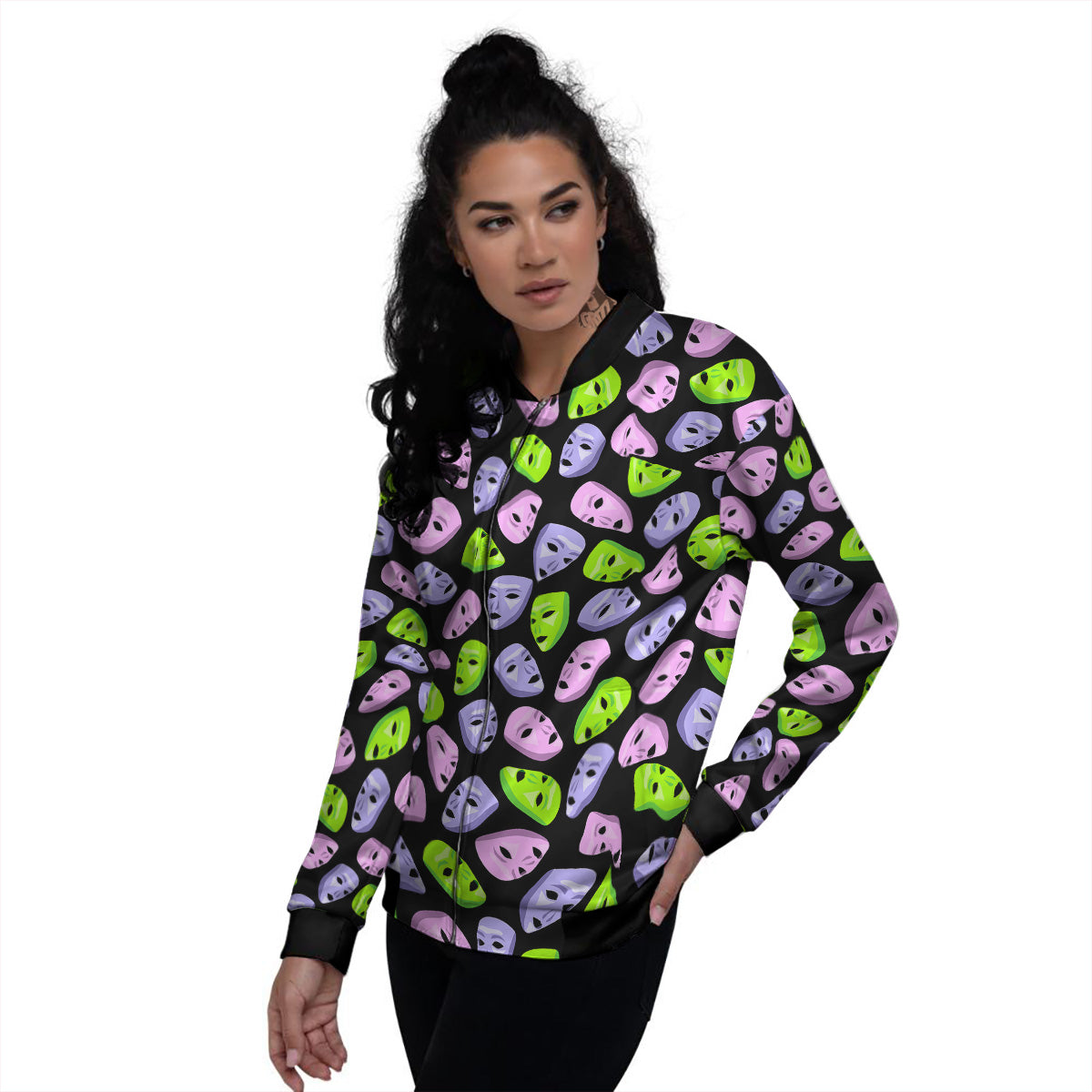 Pink Green And Purple Theater Masks Print Pattern Women's Bomber Jacket-grizzshop