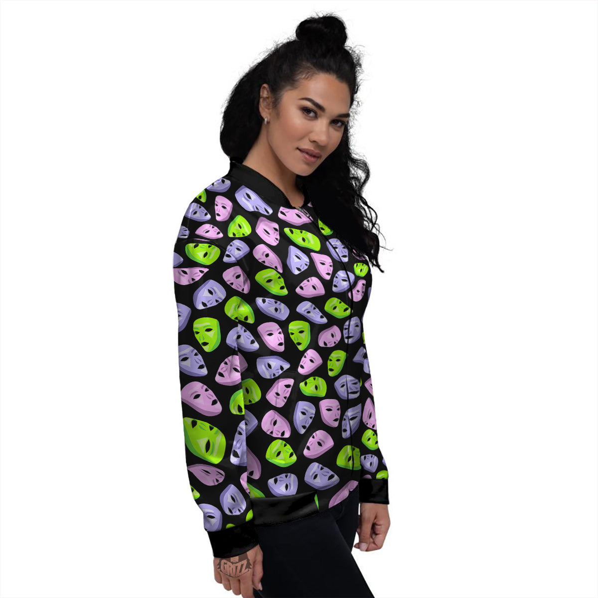 Pink Green And Purple Theater Masks Print Pattern Women's Bomber Jacket-grizzshop