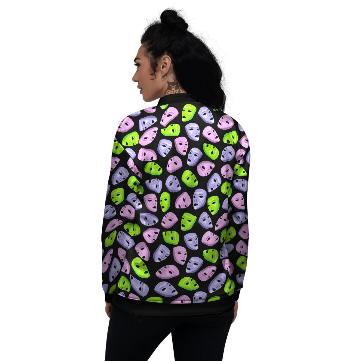 Pink Green And Purple Theater Masks Print Pattern Women's Bomber Jacket-grizzshop