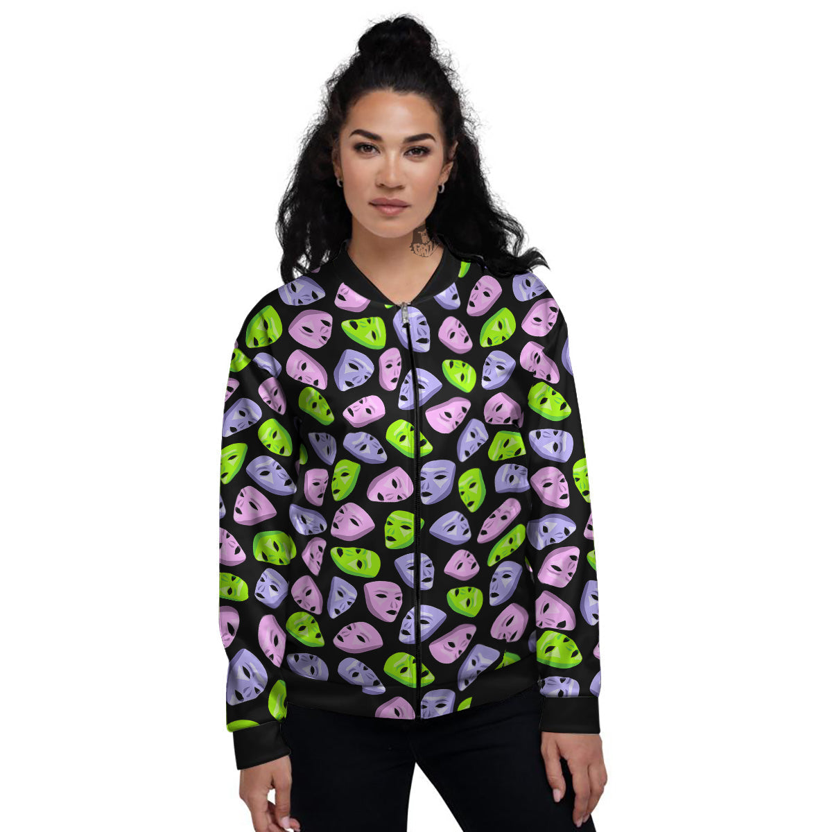 Pink Green And Purple Theater Masks Print Pattern Women's Bomber Jacket-grizzshop