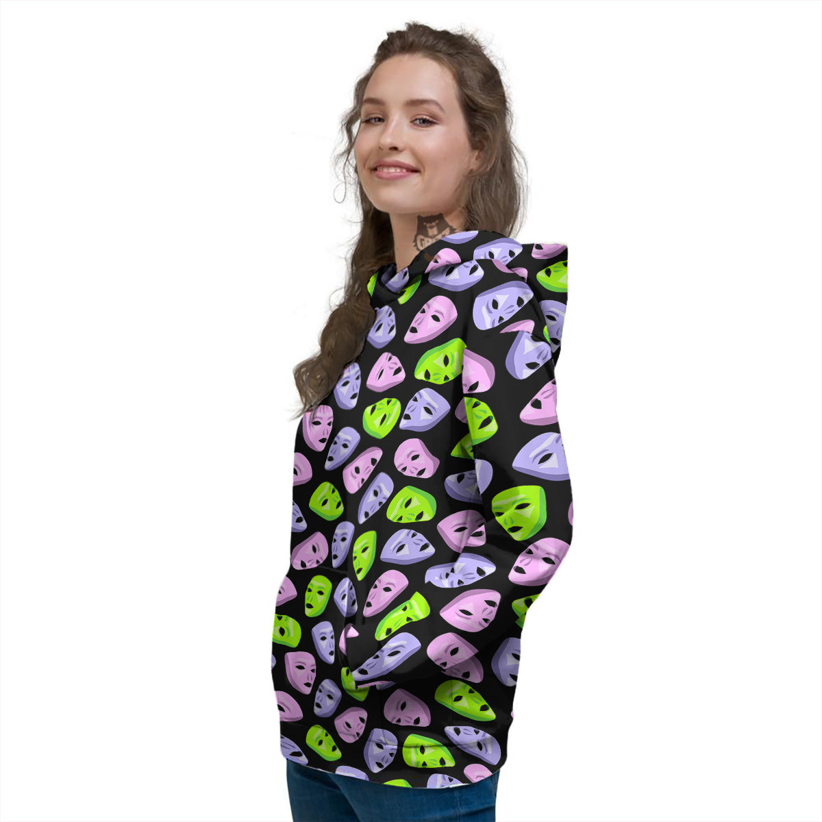 Pink Green And Purple Theater Masks Print Pattern Women's Hoodie-grizzshop