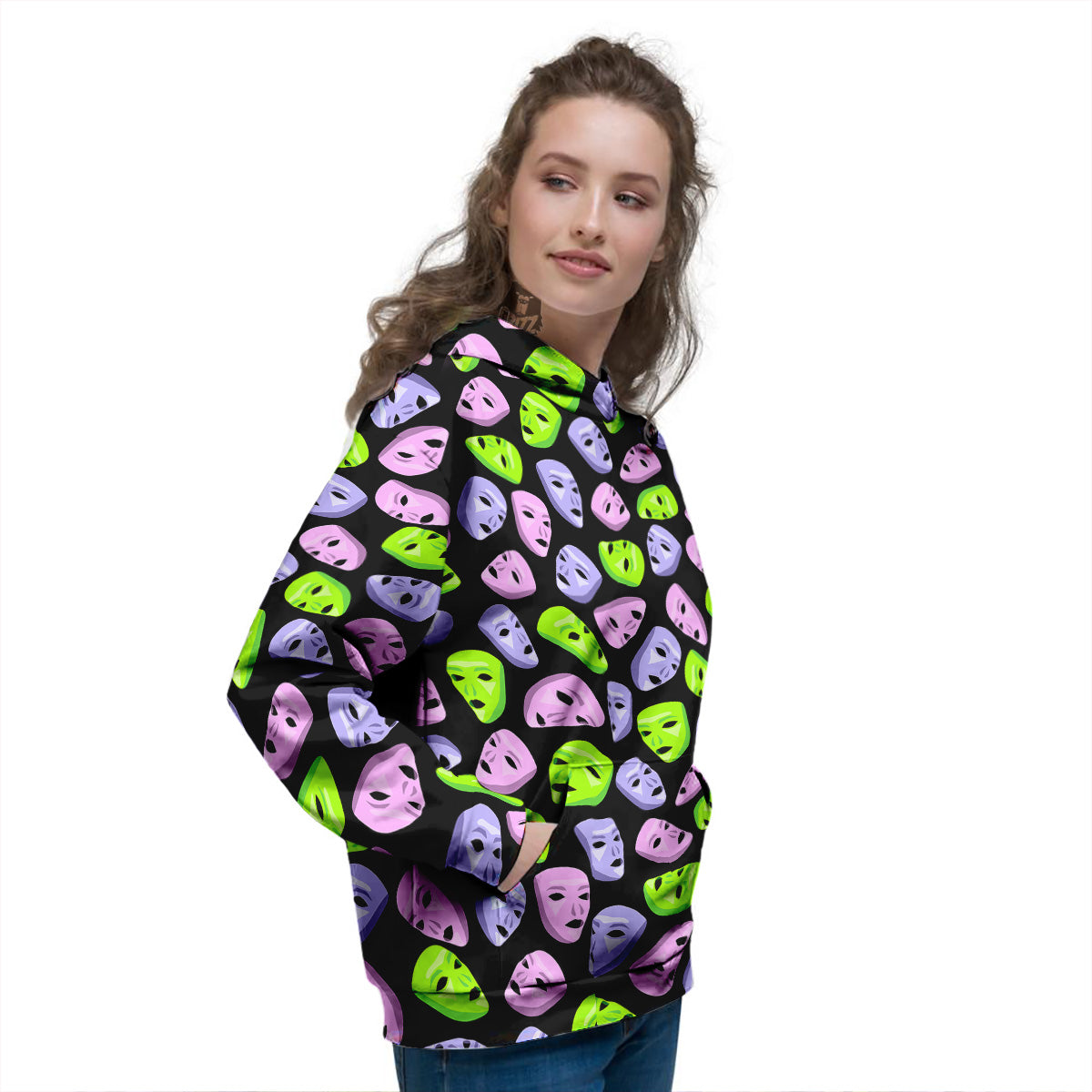 Pink Green And Purple Theater Masks Print Pattern Women's Hoodie-grizzshop