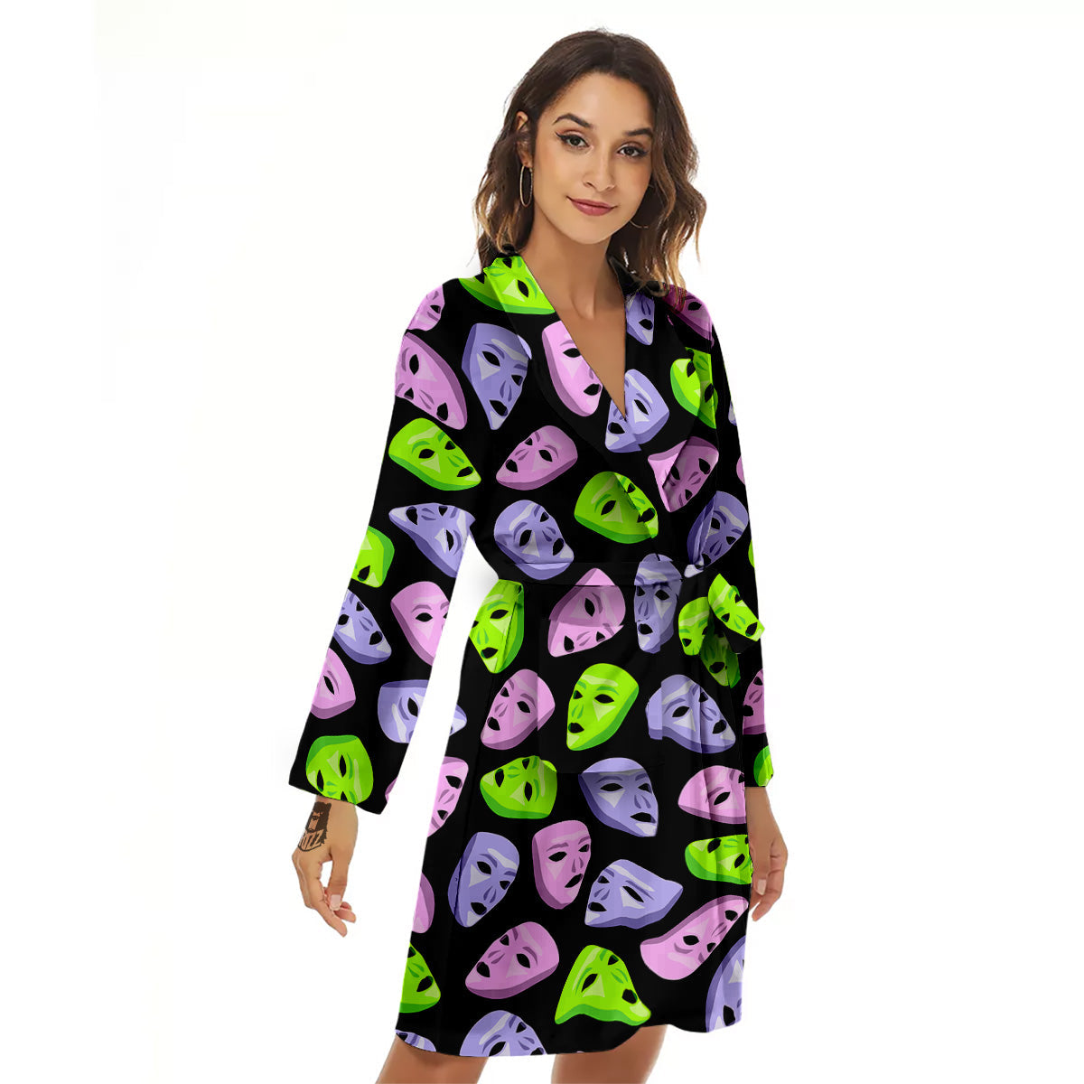 Pink Green And Purple Theater Masks Print Pattern Women's Robe-grizzshop