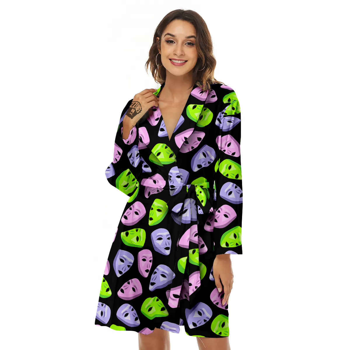 Pink Green And Purple Theater Masks Print Pattern Women's Robe-grizzshop