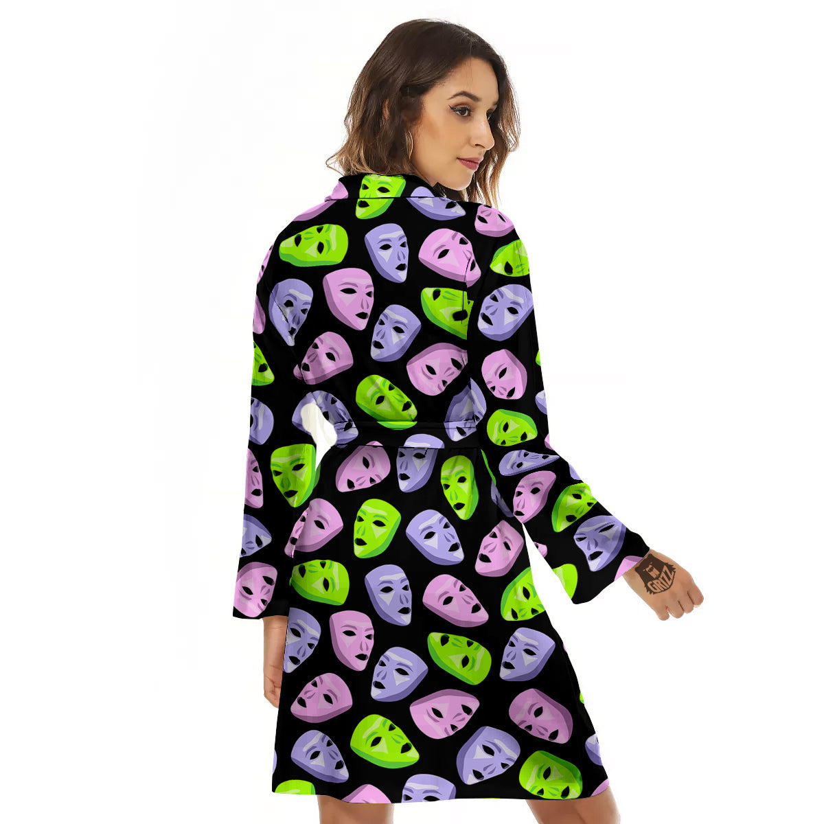 Pink Green And Purple Theater Masks Print Pattern Women's Robe-grizzshop