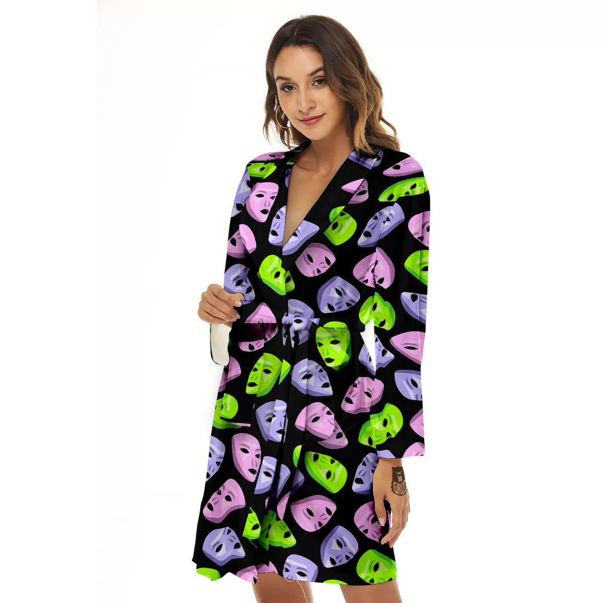 Pink Green And Purple Theater Masks Print Pattern Women's Robe-grizzshop