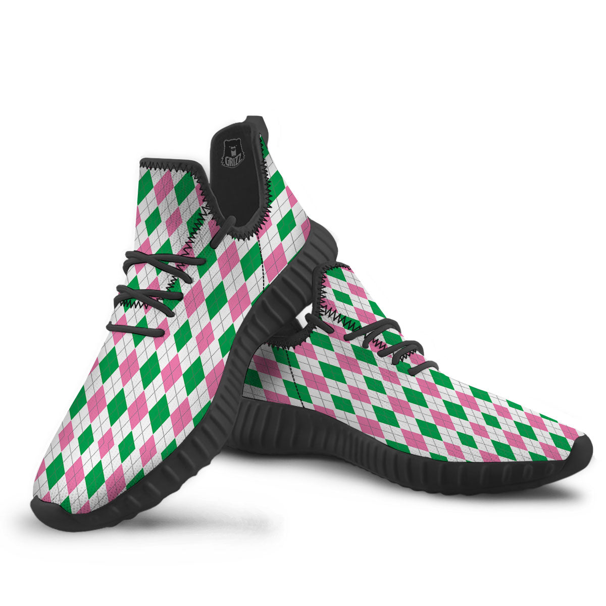 Pink Green And White Argyle Print Black Walking Shoes-grizzshop