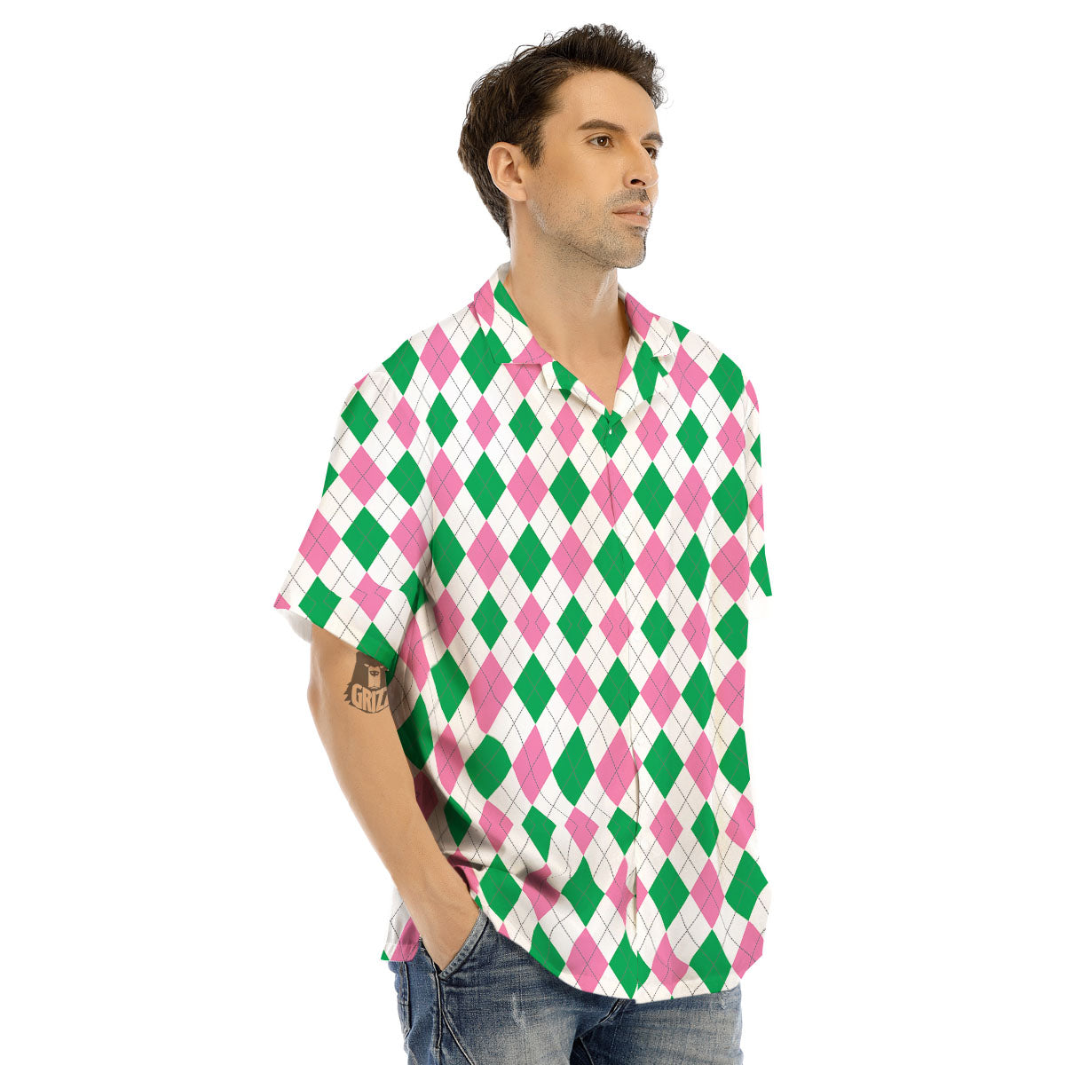 Pink Green And White Argyle Print Men's Hawaiian Shirt-grizzshop