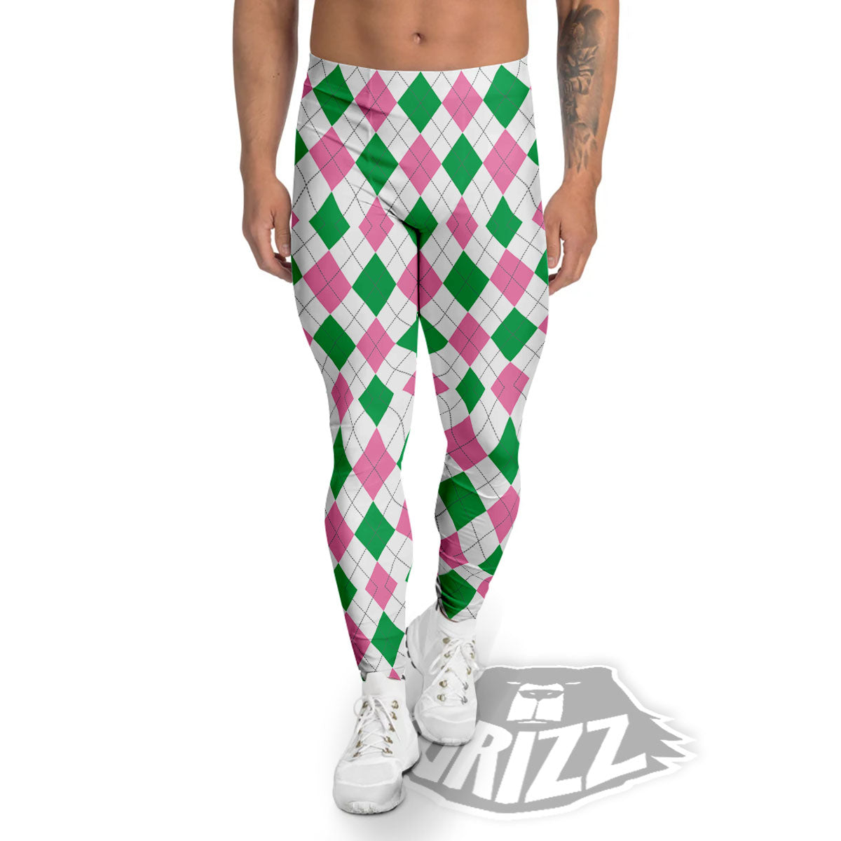 Pink Green And White Argyle Print Men's Leggings-grizzshop