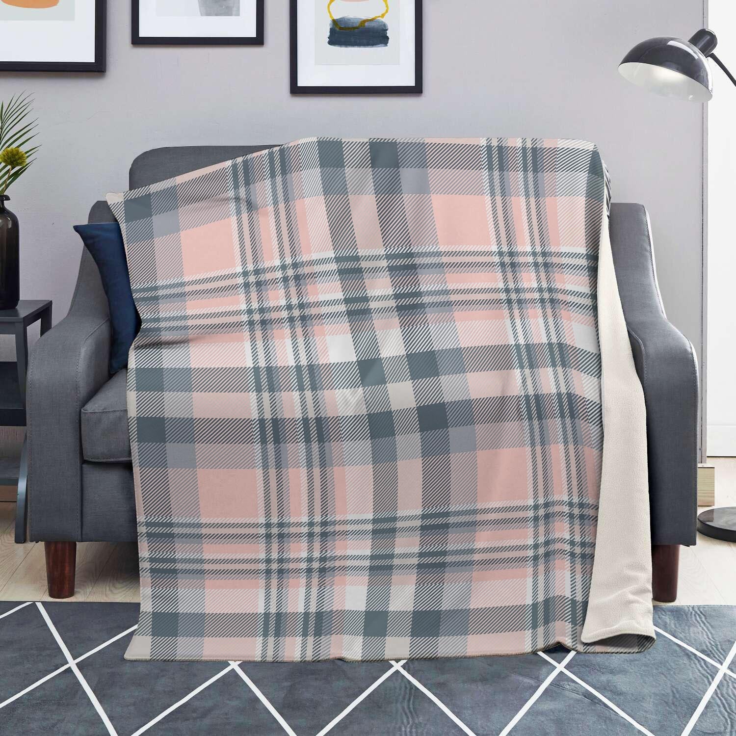 Pink Grey Plaid Tartan Blanket-grizzshop