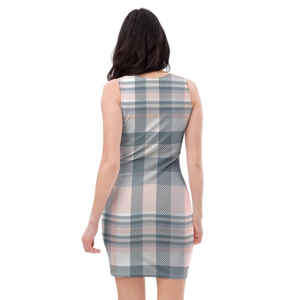 Pink Grey Plaid Tartan Bodycon Dress-grizzshop