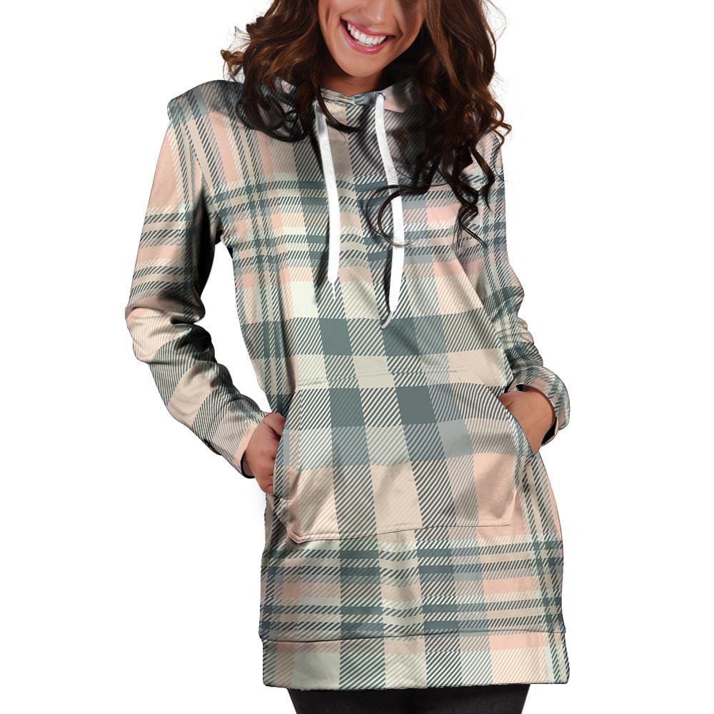 Pink Grey Plaid Tartan Hoodie Dress-grizzshop