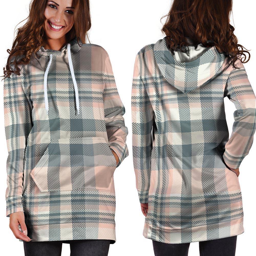 Pink Grey Plaid Tartan Hoodie Dress-grizzshop