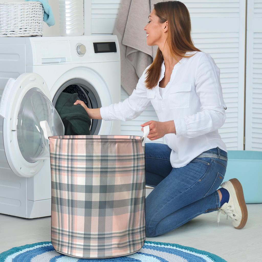 Pink Grey Plaid Tartan Laundry Basket-grizzshop