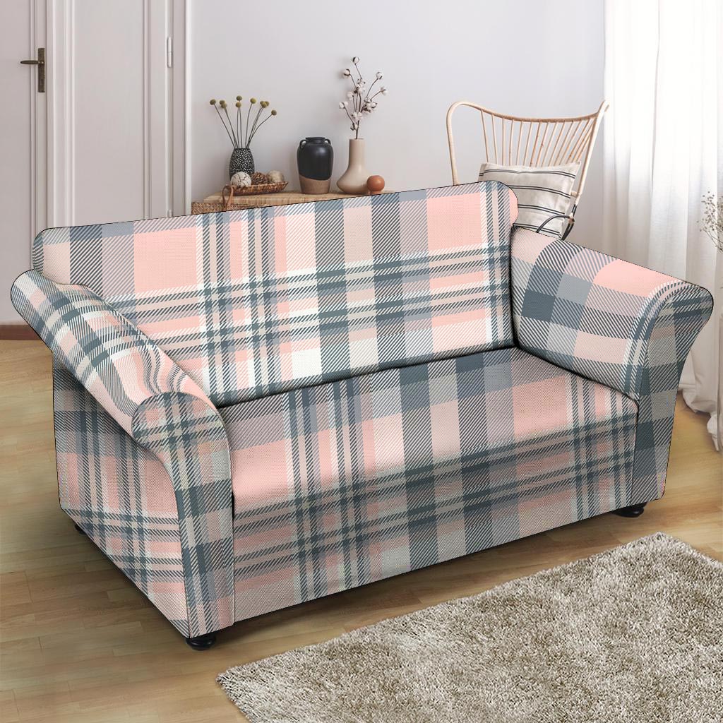 Pink Grey Plaid Tartan Loveseat Cover-grizzshop