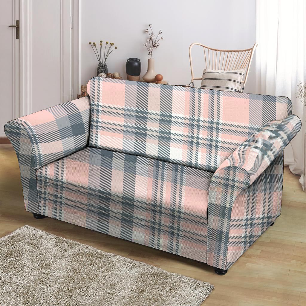 Pink Grey Plaid Tartan Loveseat Cover-grizzshop