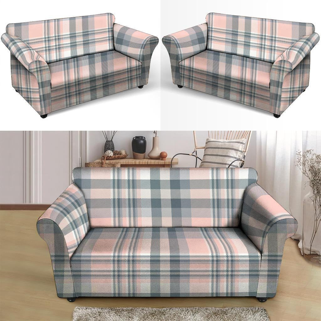 Pink Grey Plaid Tartan Loveseat Cover-grizzshop