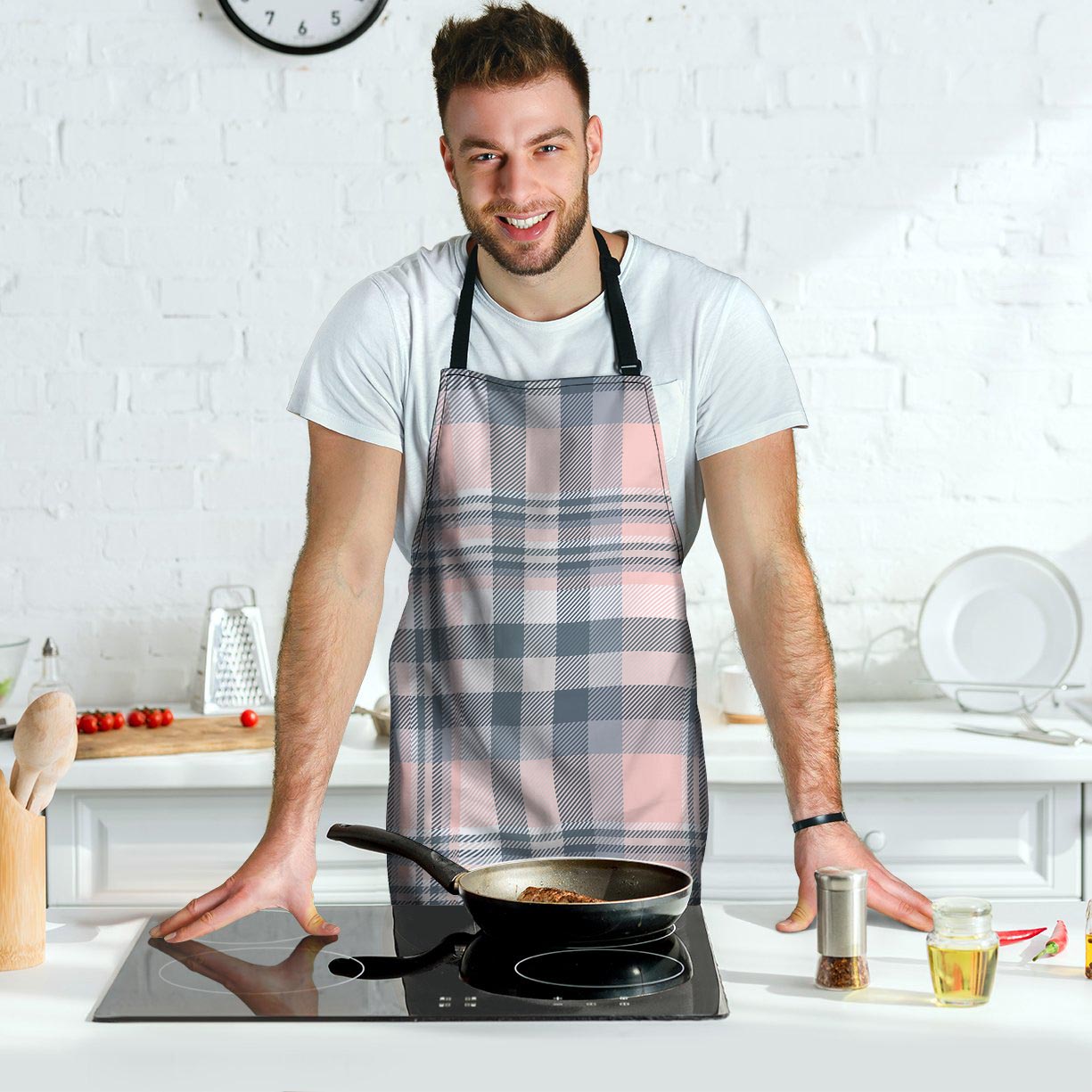 Pink Grey Plaid Tartan Men's Apron-grizzshop