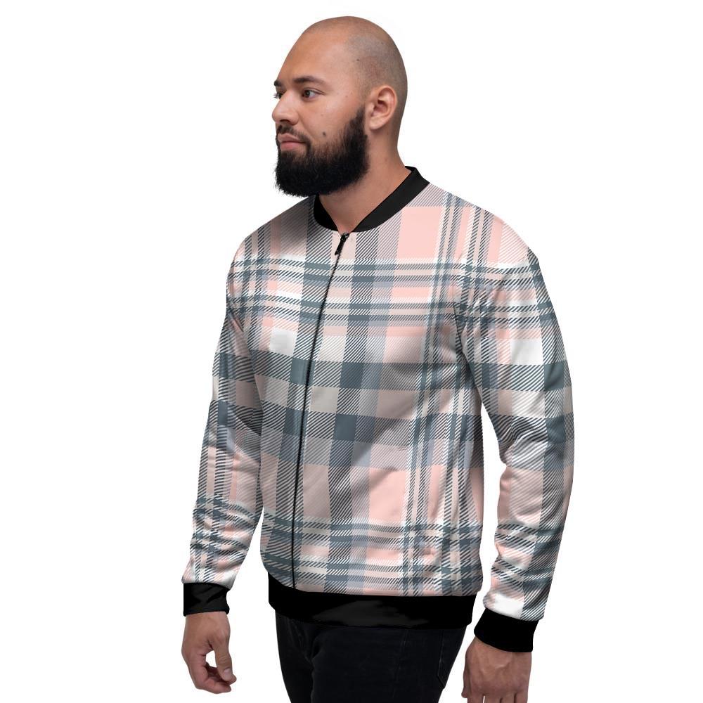 Pink Grey Plaid Tartan Men's Bomber Jacket-grizzshop