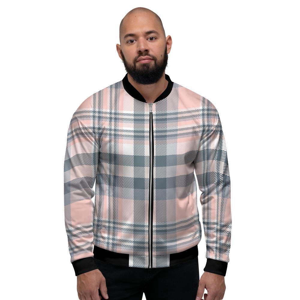 Pink Grey Plaid Tartan Men's Bomber Jacket-grizzshop