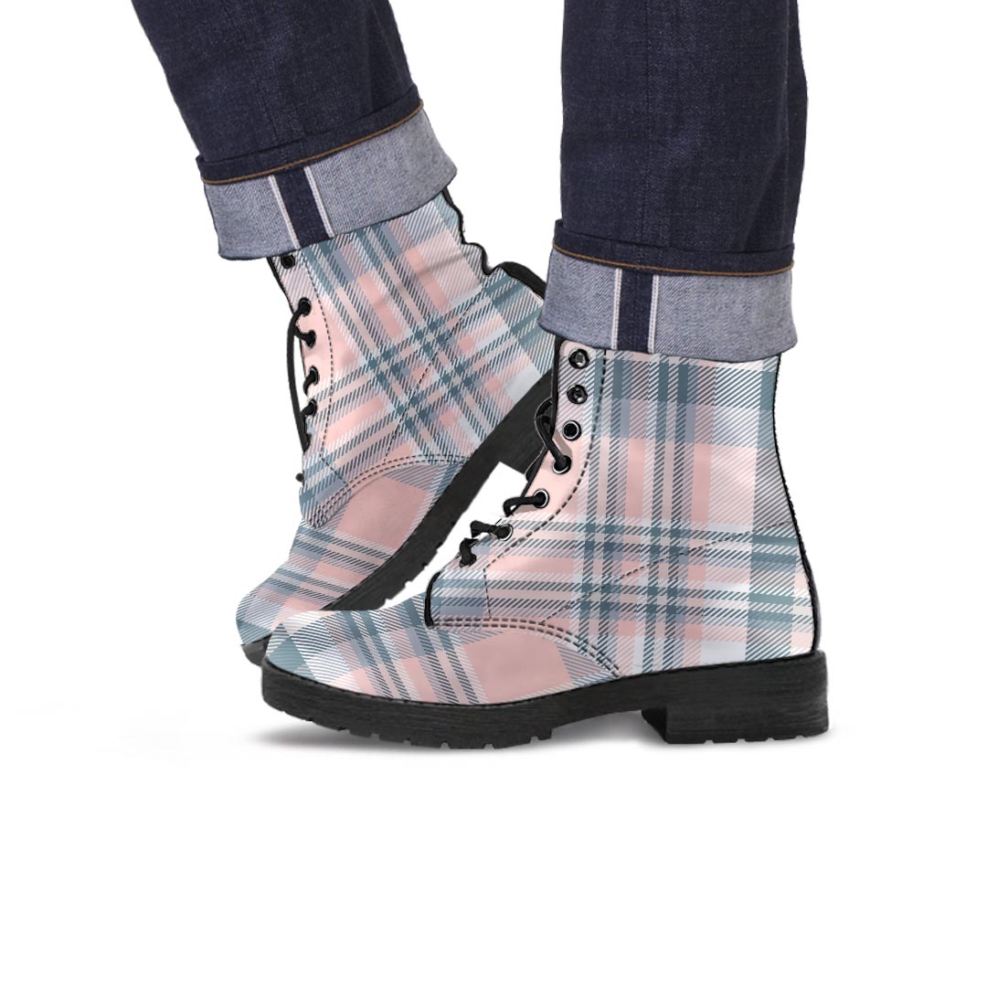 Pink Grey Plaid Tartan Men's Boots-grizzshop