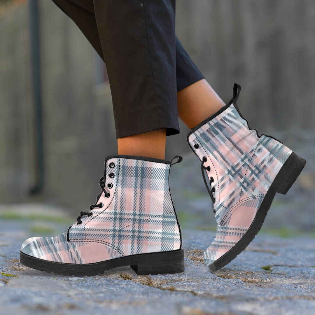 Pink Grey Plaid Tartan Men's Boots-grizzshop