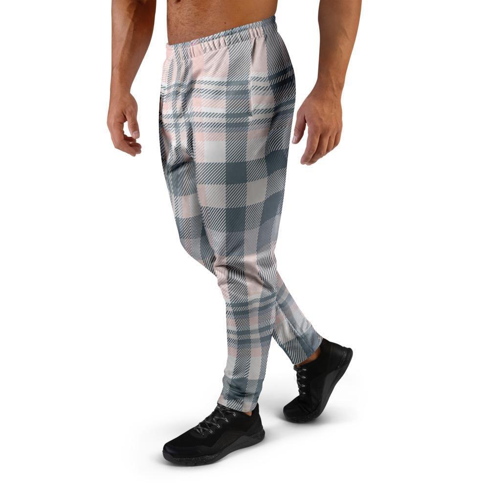 Pink Grey Plaid Tartan Men's Joggers-grizzshop