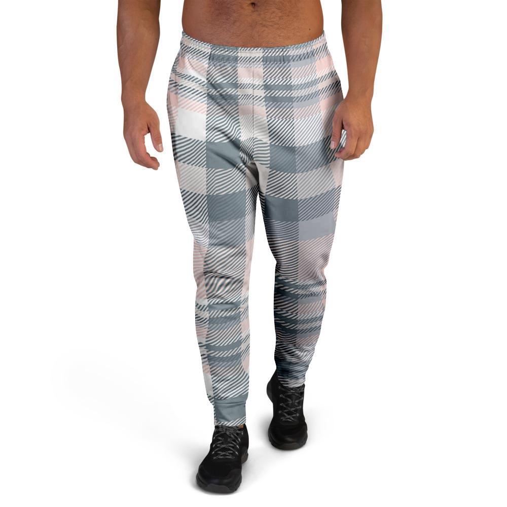 Pink Grey Plaid Tartan Men's Joggers-grizzshop
