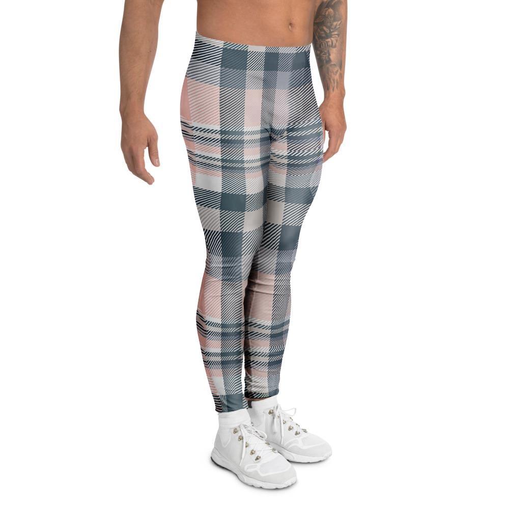 Pink Grey Plaid Tartan Men's Leggings-grizzshop