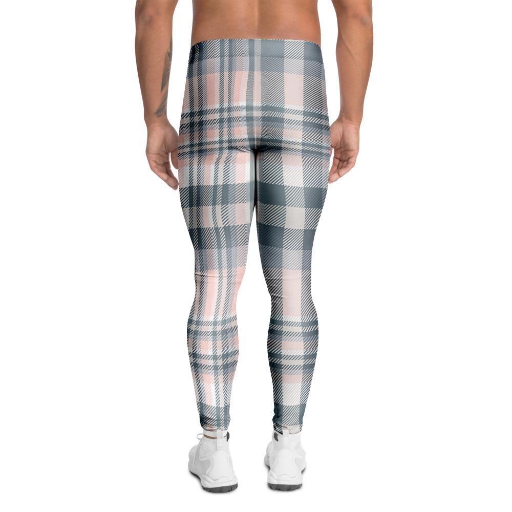 Pink Grey Plaid Tartan Men's Leggings-grizzshop