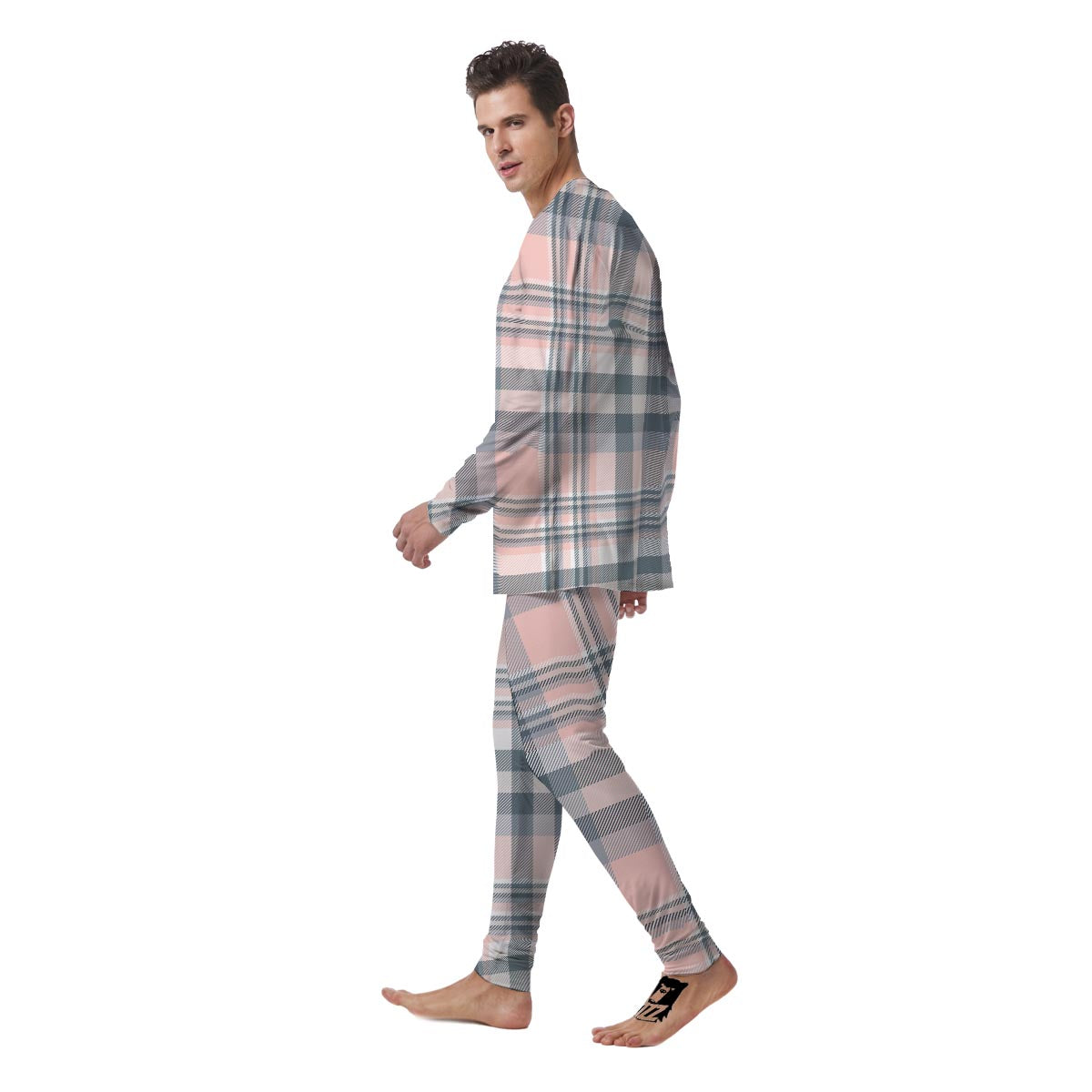 Pink Grey Plaid Tartan Men's Pajamas-grizzshop