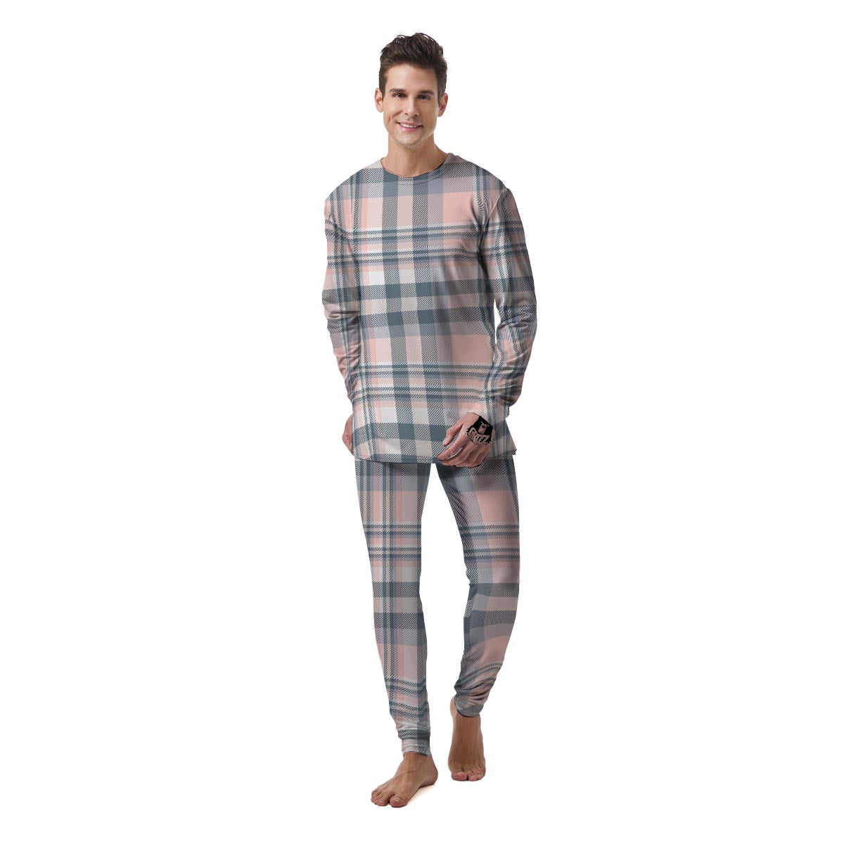 Pink Grey Plaid Tartan Men's Pajamas-grizzshop