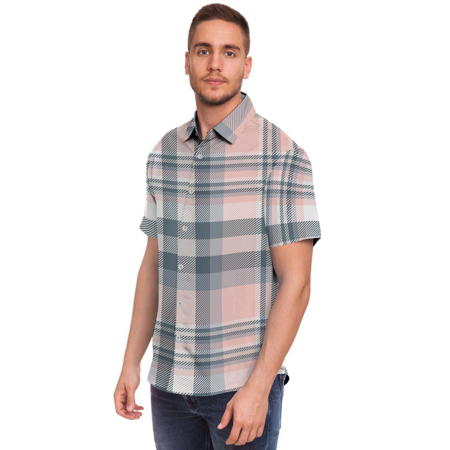Pink Grey Plaid Tartan Men's Short Sleeve Shirt-grizzshop