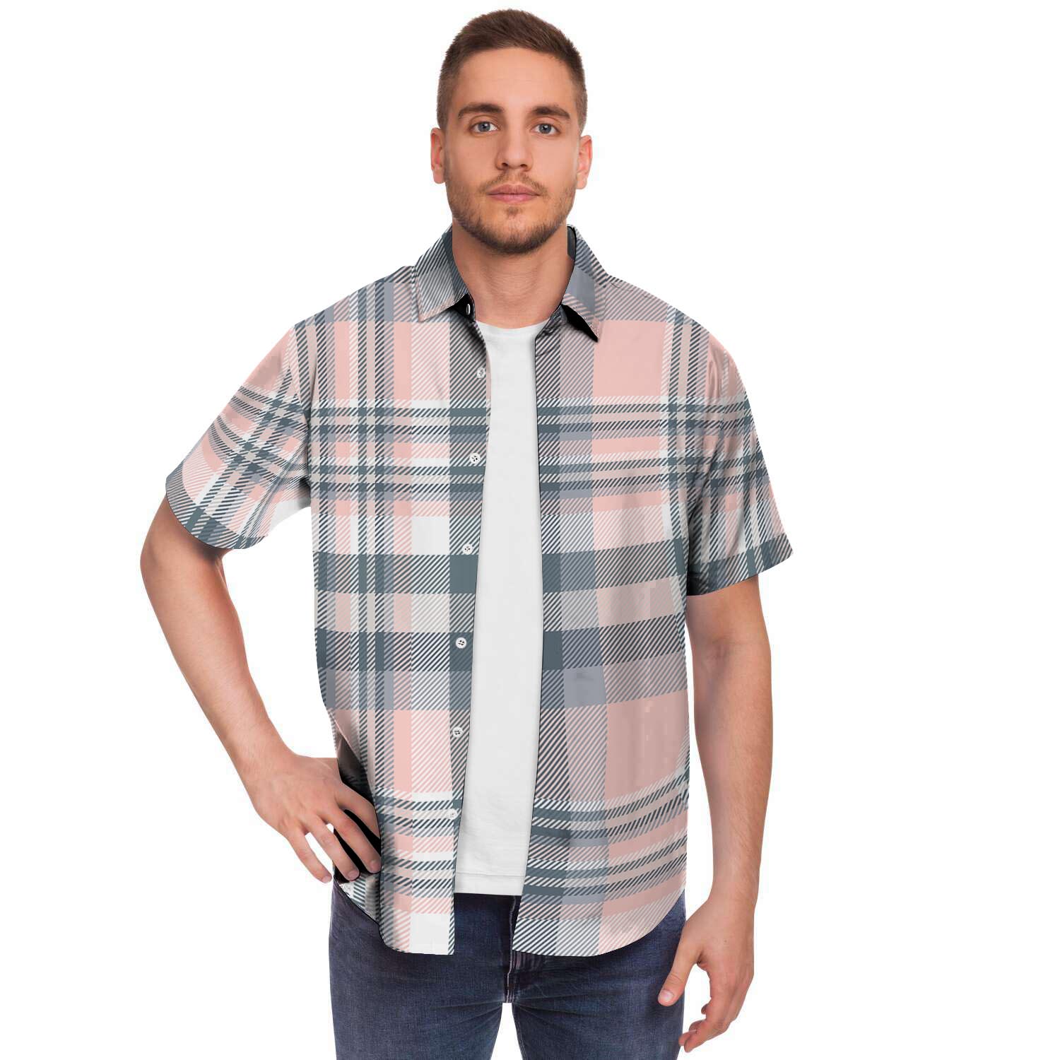 Pink Grey Plaid Tartan Men's Short Sleeve Shirt-grizzshop