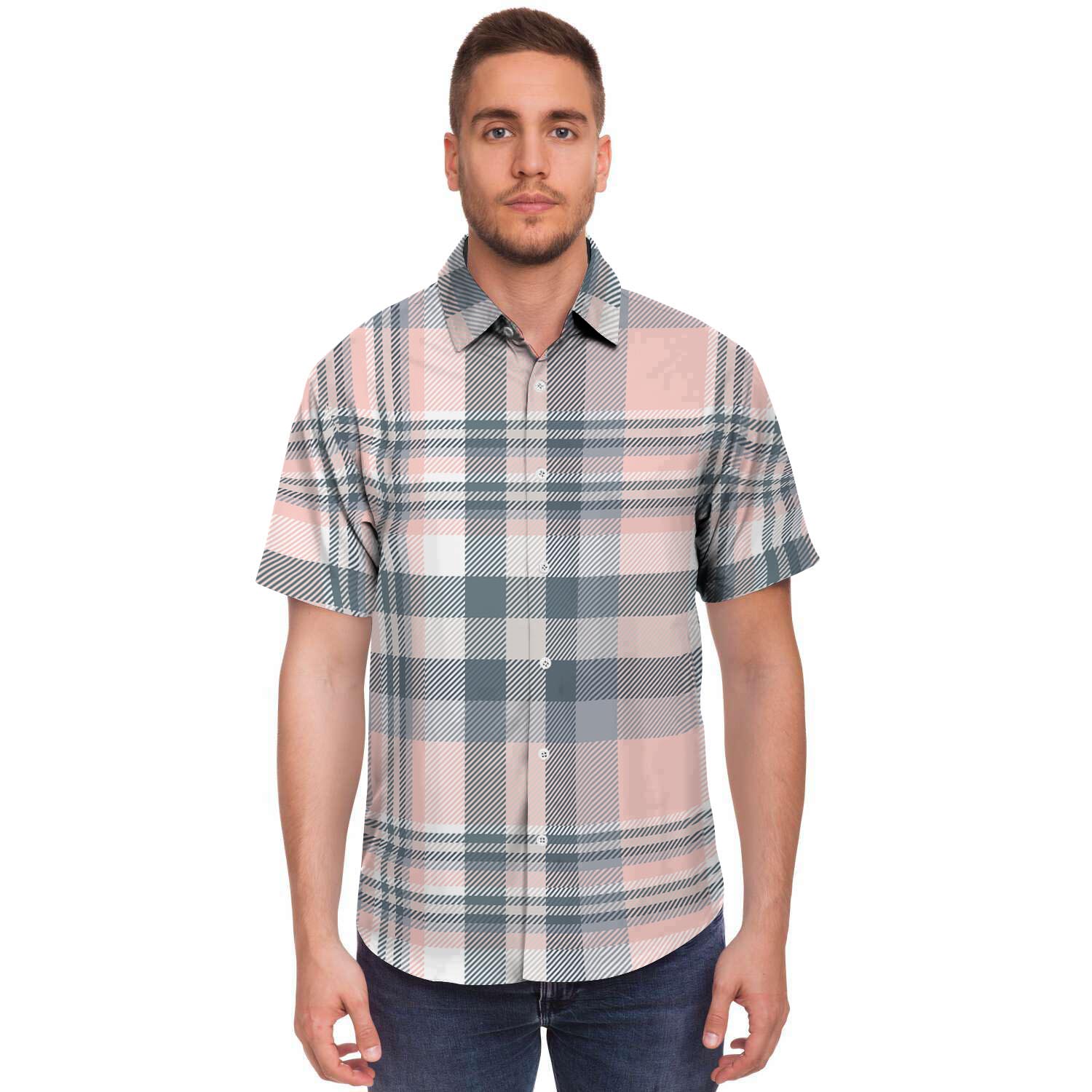 Pink Grey Plaid Tartan Men's Short Sleeve Shirt-grizzshop